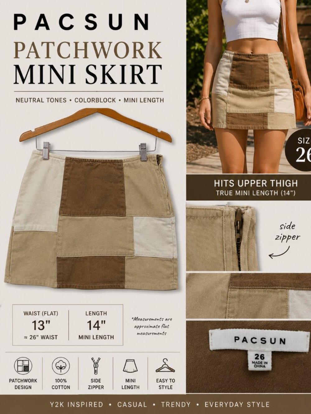 PacSun Patchwork Mini Skirt 26 Y2K Earth Tone Cotton A-Line